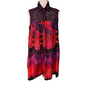Ritu Kumar Red Purple Snap Up Eyelet Lace Beaded Multicolor Sleeveless Tunic L